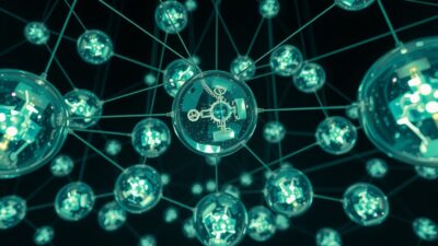 정교하게 연결되어 에너지를 주고받는 크리스탈 구체들의 동기화된 시스템 이미지