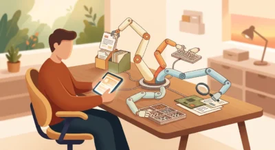 업무를 여러 단계로 나누어 관리하며 여러 개의 작은 로봇 팔로 자동화 작업을 조율하는 사람의 모습을 담은 부드러운 벡터 일러스트.