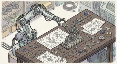 아이소메트릭 스타일의 작업대 위에서 로봇 팔이 자신과 닮은 작은 로봇 부품을 정밀하게 조립하고 있는 수채화풍 일러스트.