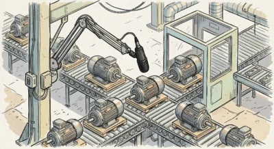 컨베이어 벨트 위의 모터 제품을 산업용 마이크가 비접촉으로 검사하고 있는 스마트 팩토리의 아이소메트릭 손그림 일러스트