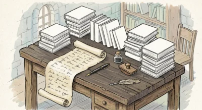 나무 책상 위에 아무런 내용이 적혀 있지 않은 백지 책들이 쌓여 있고 그 옆에 작가들의 서명이 담긴 긴 종이 두루마리가 놓여 있는 아이소메트릭 일러스트
