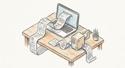 노트북 화면에서 긴 데이터 영수증이 쏟아져 나와 서버 장치를 감싸고 있는 모습을 표현한 아이소메트릭 손그림 일러스트