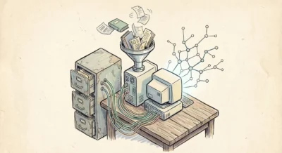 책과 문서가 컴퓨터로 들어가면서 화면 밖으로 복잡한 노드와 선으로 연결된 지식 그래프 구조가 생성되는 모습을 표현한 아이소메트릭 손그림 일러스트.