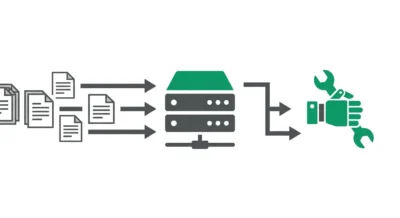 원천 데이터가 서버를 거쳐 전문적인 도구(렌치)를 든 로봇 손으로 변하는 과정을 나타낸 플랫 디자인 아이콘 프로세스 맵.