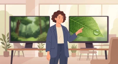 두 개의 모니터를 비교하는 리더의 모습. 왼쪽의 흐릿한 화면과 오른쪽의 선명한 잎사귀 화면을 통해 AI 에이전트 도입 후의 고해상도 경영 통찰력을 시각화한 장면.