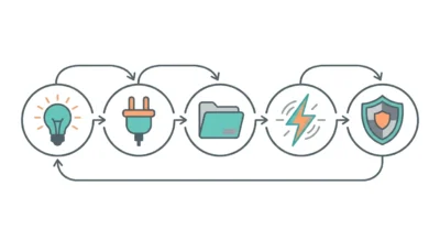 목표 설정부터 API 연동, 데이터 결합, 자동 실행 및 보안 필터링까지 이어지는 AI 에이전트의 업무 흐름을 표현한 플랫 디자인 아이콘 프로세스 맵.