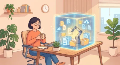 관리자가 지켜보는 가운데 투명한 보호막(샌드박스) 내부에서 AI 에이전트가 안전하게 문서를 정리하고 행정 업무를 처리하는 모습을 묘사한 일러스트레이션.