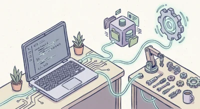 노트북과 데이터베이스, 기어 아이콘이 유기적으로 연결된 핸드드로잉 스타일의 아이소메트릭 일러스트레이션으로 에이전트형 AI의 작동 환경을 묘사함.