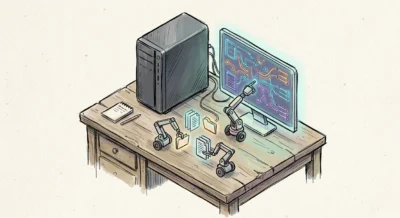 사무실 책상 위에서 디지털 문서를 정리하고 데이터와 상호작용하는 로컬 AI 워크스테이션을 표현한 핸드드로잉 아이소메트릭 일러스트
