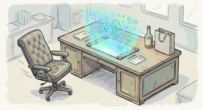 고전적인 경영진의 책상에서 가죽 의자가 물러나고 AI 에이전트를 상징하는 디지털 인터페이스와 기어들이 그 자리를 대신하는 아이소메트릭 일러스트레이션.