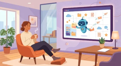 사용자가 커피를 마시며 여유롭게 쉬는 동안 작은 로봇 캐릭터가 모니터에서 이메일을 보내고 파일을 정리하는 따뜻한 분위기의 일러스트.