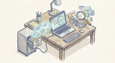 노트북과 문서 더미에서 정확한 정보와 체크표시가 추출되는 과정을 묘사한 따뜻한 손그림 느낌의 아이소메트릭 일러스트