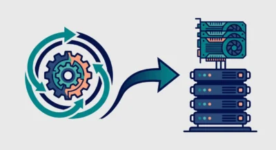 AI 에이전트의 반복적인 연산 과정이 하드웨어 데이터 센터의 GPU 수요로 연결되는 과정을 기어와 서버 랙 아이콘으로 표현한 프로세스 시각화 이미지.