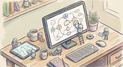 1인 기업가의 책상 위에서 여러 대의 모니터와 작은 로봇 캐릭터들이 협업하며 디지털 업무 프로세스를 처리하는 아이소메트릭 일러스트레이션.