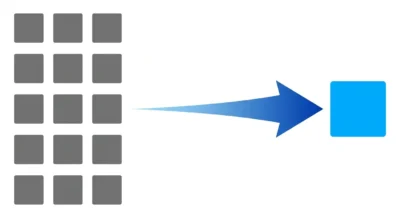 10개의 작은 사각형이 하나의 큰 사각형으로 모이는 과정을 보여주는 미니멀한 화살표 프로세스 다이아그램