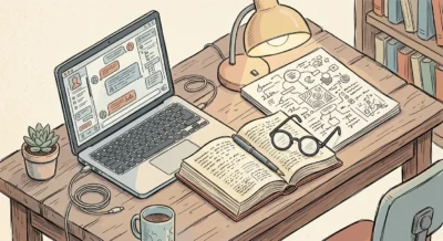 노트북과 수기 노트, 두꺼운 책이 놓인 따뜻한 색감의 아이소메트릭 작업 책상 일러스트