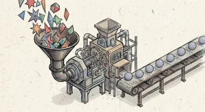 다양한 색깔과 모양의 도형들이 기계를 통과하자 똑같은 회색 구체로 변해 나오는 아이소메트릭 일러스트레이션.
