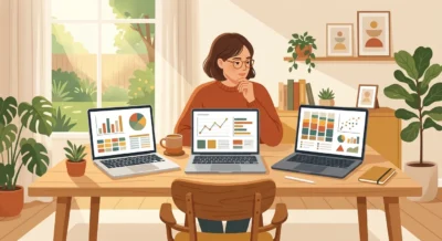 햇살이 비치는 방에서 한 사람이 세 대의 노트북 화면을 띄워놓고 서로 다른 정보를 신중하게 비교하는 부드러운 벡터 일러스트.