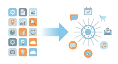 수많은 앱 아이콘이 나열된 화면에서 하나의 중앙 AI 허브가 모든 서비스를 연결하는 구조로 변하는 과정을 보여주는 플랫 디자인 시각화