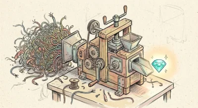 복잡한 선들이 들어가서 작고 반짝이는 보석 하나로 압축되어 나오는 아이소메트릭 핸드드로잉 기계 장치