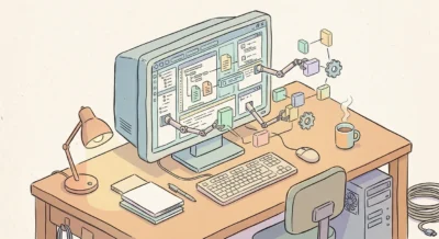 개발자의 모니터에서 기계 팔이 나와 코드 블록과 톱니바퀴를 정교하게 조정하는 모습을 담은 따뜻한 느낌의 아이소메트릭 손그림 일러스트.