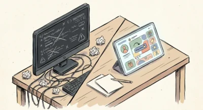 코딩 화면과 광고 레이아웃이 대비되어 놓인 책상을 아이소메트릭 스타일로 그린 일러스트