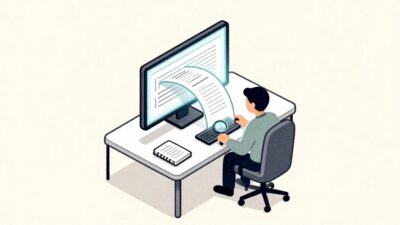 AI가 쏟아내는 완벽한 결과물에 매료되어 비판적 검토를 위한 돋보기와 수첩을 방치한 채 모니터를 바라보는 직장인의 아이소메트릭 일러스트.