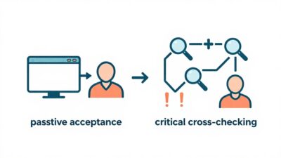 AI의 답변을 그대로 받아들이는 직선적 과정과 여러 단계의 검증을 거치는 비판적 사고 과정을 대조하여 보여주는 플랫 디자인 아이콘 인포그래픽.