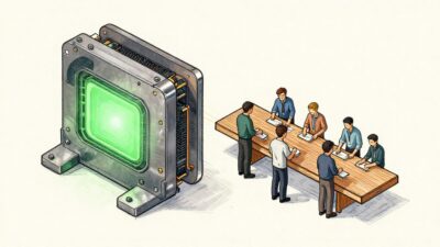 엔비디아의 금속성 하드웨어 구조물과 이를 대체하기 위해 나무 질감의 새로운 모듈형 인프라를 구축하는 엔지니어들의 모습을 담은 아이소메트릭 일러스트레이션.