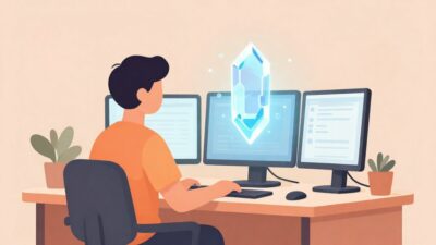 개발자가 모니터 앞에서 복잡한 데이터 흐름을 작고 효율적인 결정체 모양으로 압축하며 최적화 작업에 집중하고 있는 따뜻한 톤의 벡터 일러스트레이션.