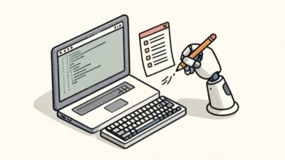 개발자 책상 위에 노트북 터미널 창과 작은 로봇 팔이 함께 협업하는 모습을 묘사한 아이소메트릭 손그림 일러스트