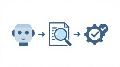 AI의 제안, 인간의 검토, 최종 실행으로 이어지는 에이전트 워크플로우를 단순한 아이콘과 화살표로 나타낸 프로세스 이미지