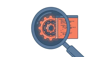 돋보기와 톱니바퀴, 코드 창이 배치된 깔끔한 플랫 벡터 일러스트로 에이전틱 워크플로우의 분석적 특성을 표현함.