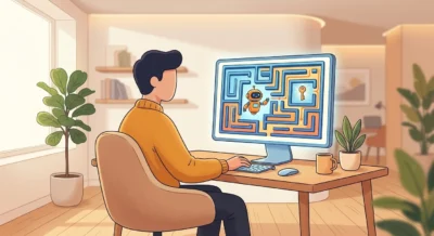 사무실에서 사용자가 모니터를 통해 가상 미로를 스스로 해결하며 규칙을 찾아내는 AI 에이전트의 동작 과정을 지켜보는 부드러운 벡터 일러스트.