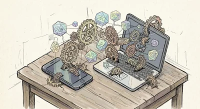 책상 위의 스마트폰과 노트북이 정교한 기계 기어 및 데이터 모듈과 결합되는 모습을 그린 아이소메트릭 손그림 일러스트