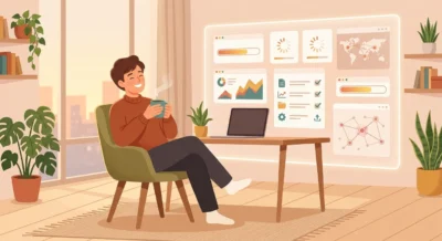 사람이 여유롭게 커피를 마시는 동안 배경의 투명 화면에서 AI 에이전트가 자동으로 업무를 처리하는 장면을 묘사한 벡터 일러스트