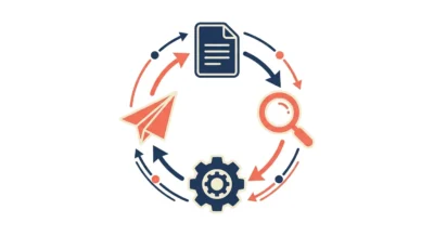문서, 기어, 비행기 아이콘이 화살표로 연결되어 끊임없이 순환하는 구조를 보여주는 깔끔한 플랫 디자인 프로세스 다이어그램.