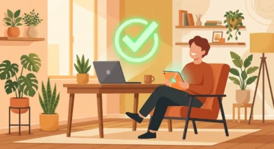 따뜻한 분위기의 사무실에서 한 사람이 태블릿을 보며 AI가 완료한 작업을 최종 승인하는 평온한 모습의 벡터 일러스트레이션.