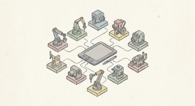 중앙의 태블릿을 중심으로 여러 개의 AI 도구 모듈이 선으로 연결되어 조화를 이루는 아이소메트릭 손그림 일러스트