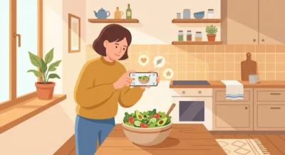 주방에서 스마트폰으로 샐러드를 촬영하며 건강 정보를 확인하는 사람의 부드러운 일러스트