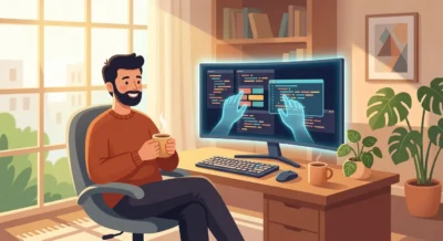 AI 에이전트가 복잡한 코딩 작업을 처리하는 동안 개발자가 커피를 마시며 여유롭게 업무를 관리하는 평화로운 장면.