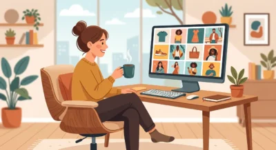 컴퓨터 모니터로 다양한 광고 시안을 검토하며 여유롭게 커피를 마시는 마케터의 모습