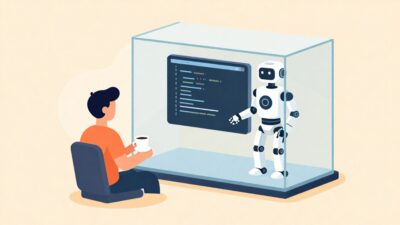안전하게 격리된 투명 샌드박스 안에서 AI 에이전트가 코드를 테스트하는 모습을 여유롭게 지켜보는 개발자의 모습 일러스트