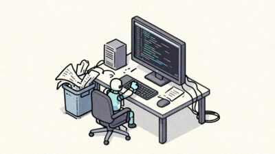 오류가 가득한 데이터와 서류 더미로 둘러싸인 책상에서 로봇 팔이 뒤수습을 하려 애쓰는 모습을 담은 아이소메트릭 일러스트레이션.