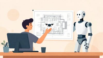 작업의 경중에 따라 작은 드론과 정교한 로봇에게 업무를 나누어 맡기며 효율적으로 일하는 전문가의 모습이 담긴 벡터 일러스트레이션.