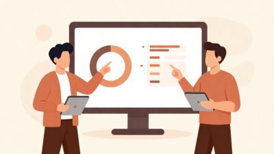 AI가 제시한 데이터와 기획안을 맹신하지 않고 각자의 기기로 교차 검증하며 열띤 토론을 벌이는 두 실무자의 일러스트.