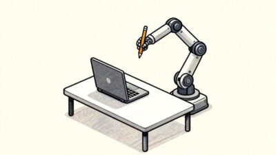 노트북이 놓인 책상 위에서 로봇 팔이 함께 업무를 돕는 모습을 따뜻한 파스텔톤의 핸드드로잉 아이소메트릭 스타일로 묘사한 일러스트레이션.