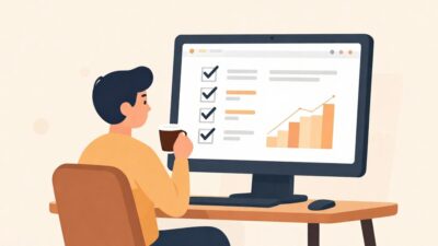 AI가 업무를 처리하는 동안 실무자가 여유롭게 커피를 마시며 완료된 작업 리포트를 확인하는 장면을 묘사한 부드러운 벡터 일러스트레이션.