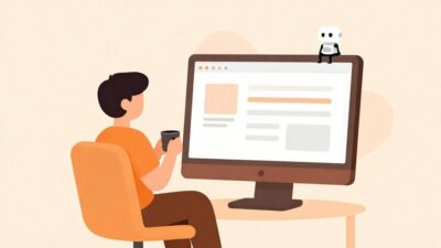 커피를 마시며 여유롭게 AI 에이전트의 작업 진행 상황을 모니터링하는 개발자의 모습을 담은 따뜻한 톤의 벡터 일러스트