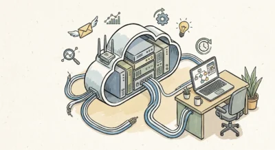 구글 클라우드 서버와 노트북, 작업 캘린더가 케이블로 연결되어 자동화된 업무 흐름을 보여주는 아이소메트릭 손그림 일러스트